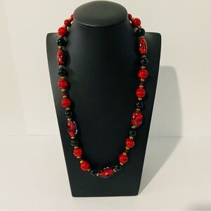 Vintage Asian Inspired Black & Red Glass Necklace.